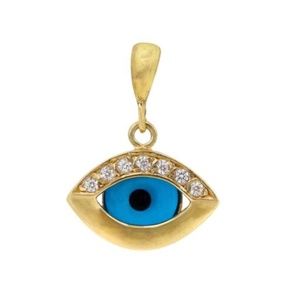 10KT Yellow Gold, 15x10mm Evil Eye Pendant with Cubic Zirconia